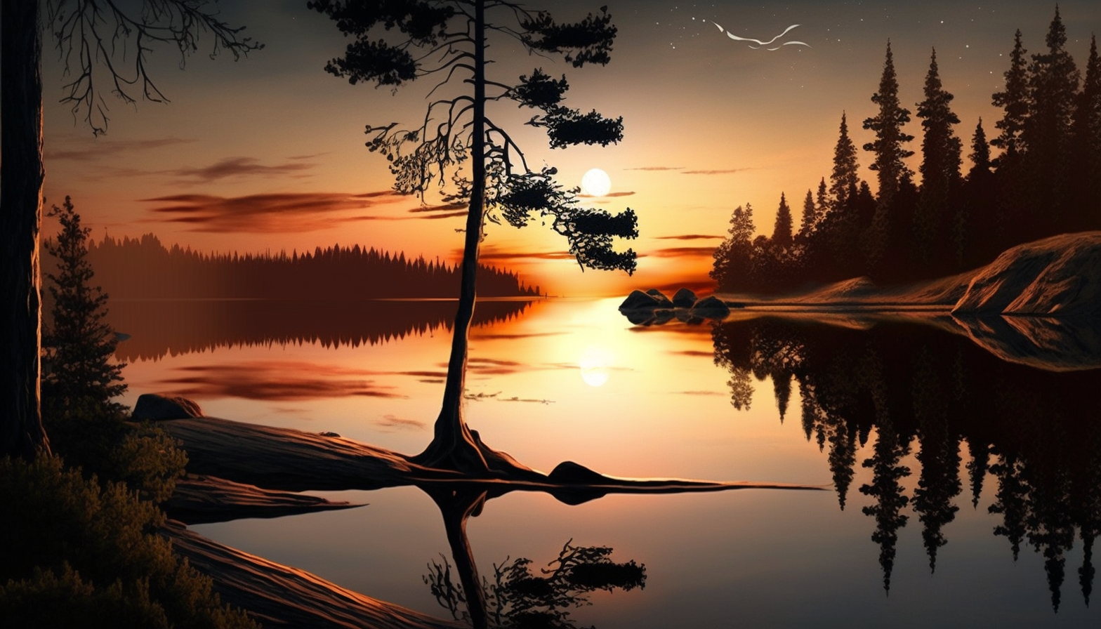 A serene sunset over a calm lake, with tall trees in the foreground.