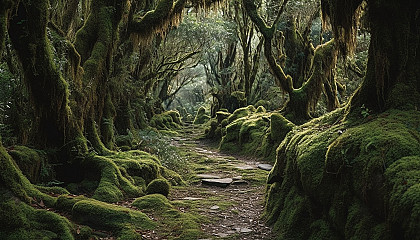 Dense, moss-covered forests with ancient trees and winding paths.