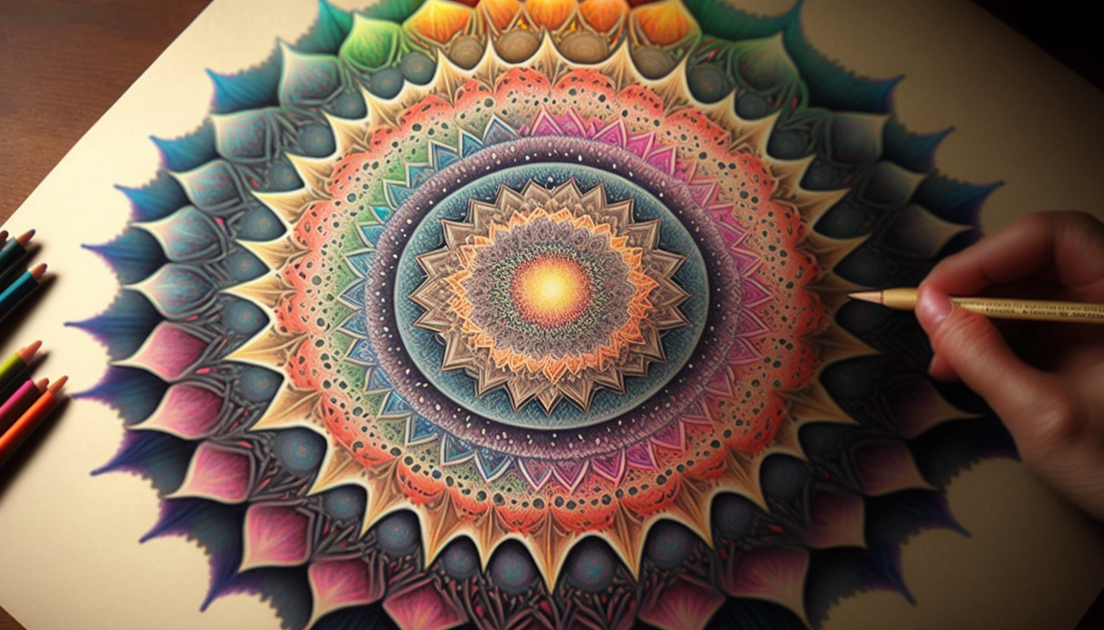 An intricate mandala drawing in a rainbow of hues