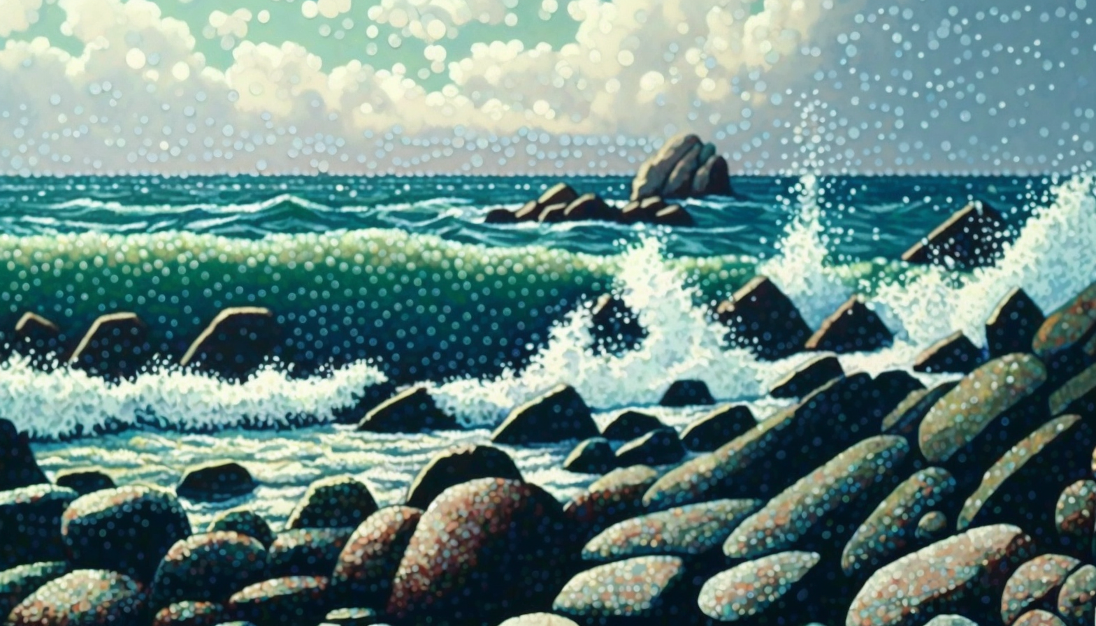 Seascape painting with Pointillism style dot patterns