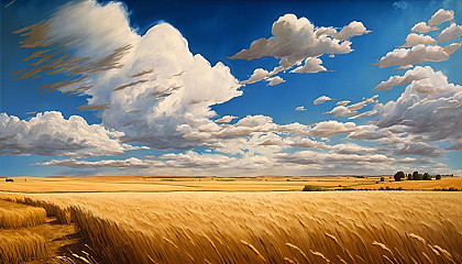 A vast, golden wheat field with a blue sky and a few scattered clouds.