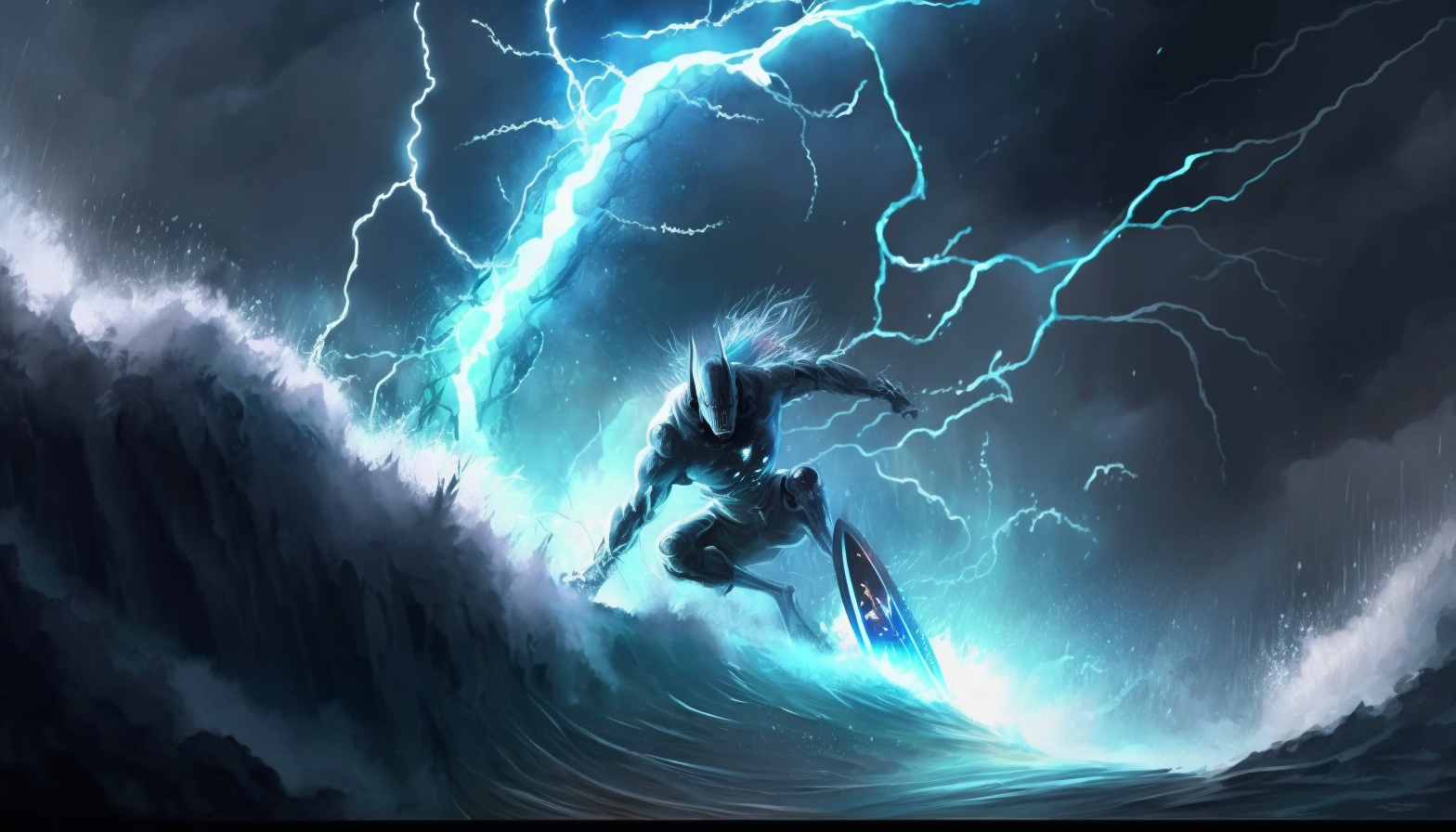 A surfer riding a massive wave with lightning bolts in the background.