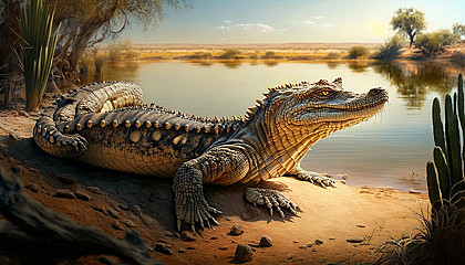 A crocodile basking in the sun on a riverbank