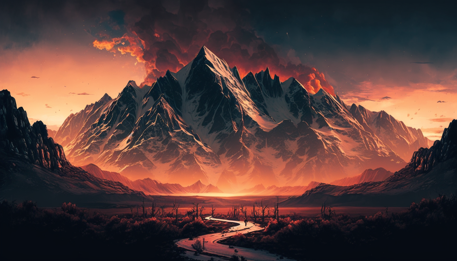 A majestic mountain range with a sunset sky as the background