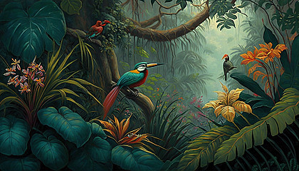 An oil painting of a tropical rainforest with exotic flowers and wildlife.