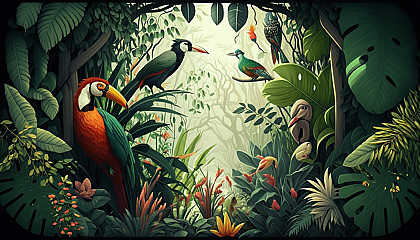 A lush green jungle with exotic birds and animals peeking out from the foliage.