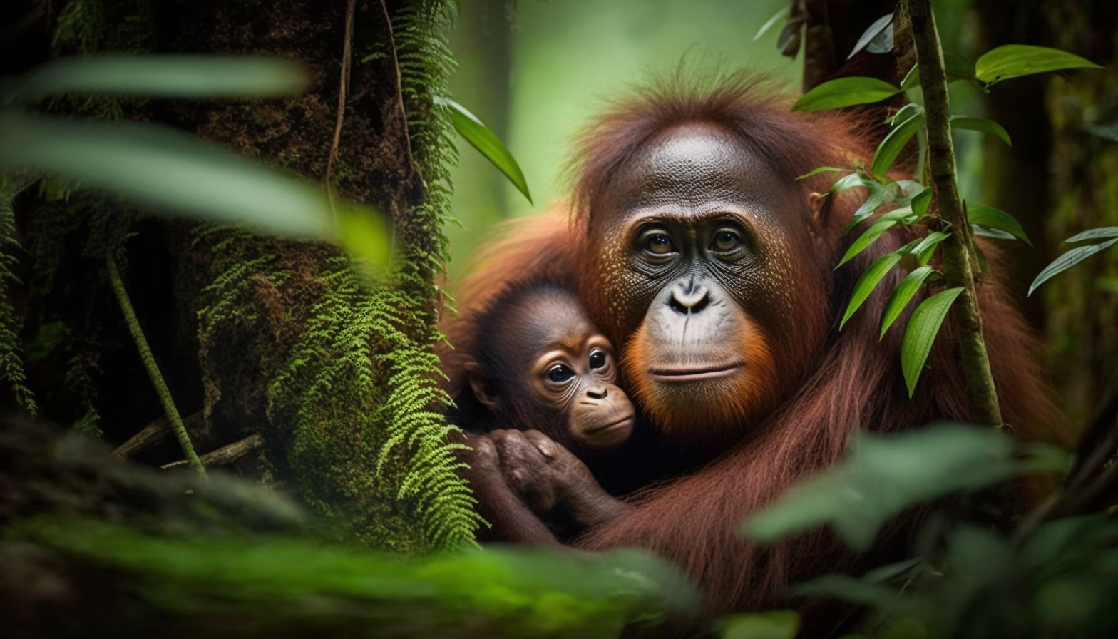 A mother orangutan with her baby in a lush rainforest