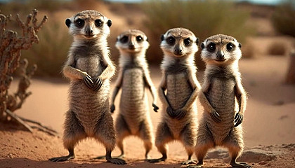 A family of meerkats standing on their hind legs