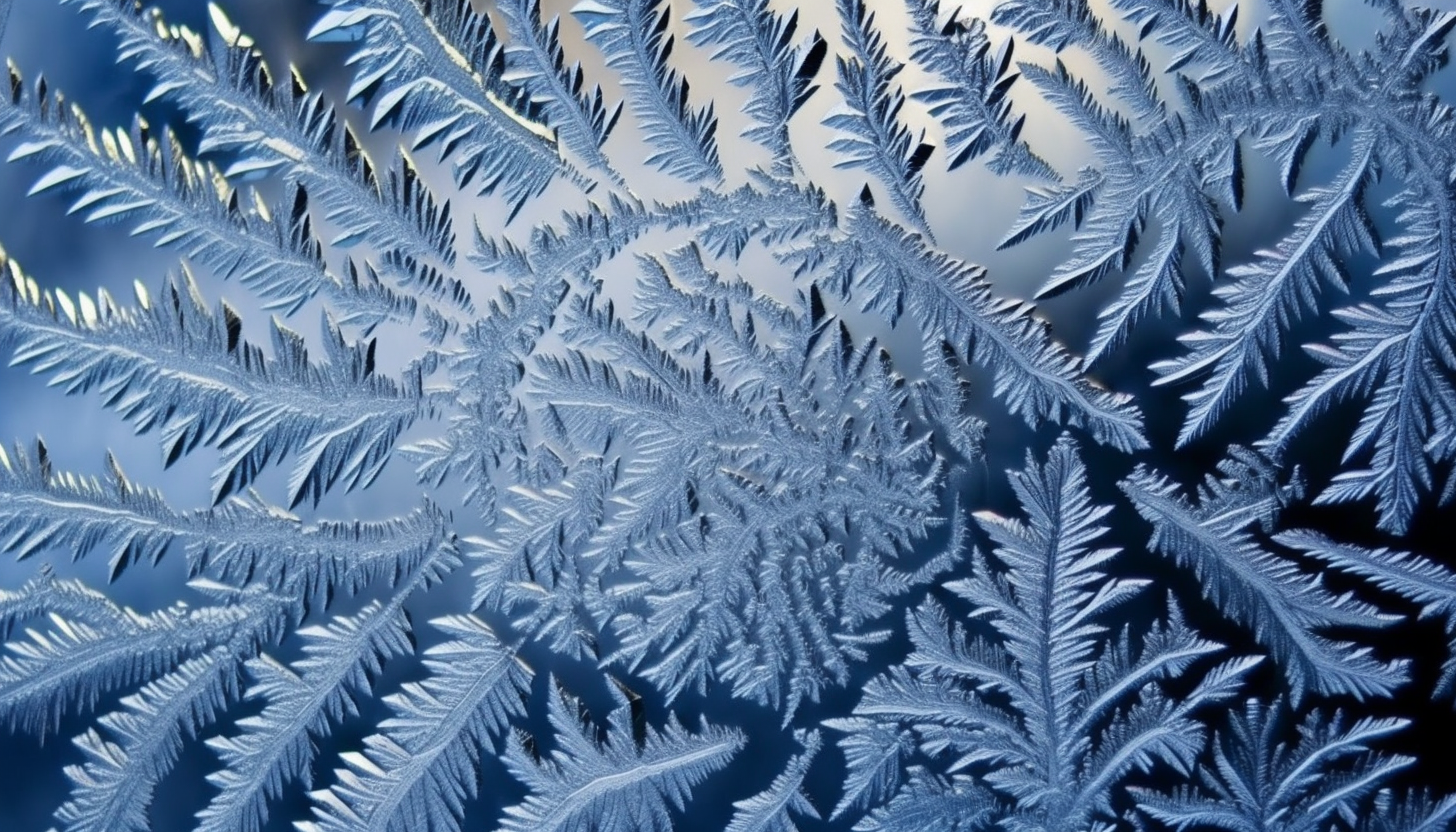 Intricate ice patterns formed on a winter window.