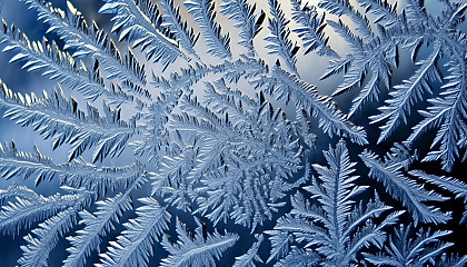 Intricate ice patterns formed on a winter window.