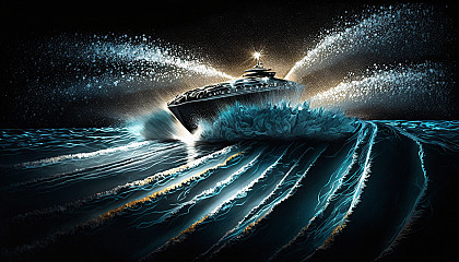 A speedboat zooming across the surface of a glittering ocean.