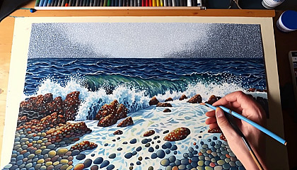 Seascape painting with Pointillism style dot patterns