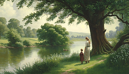 A peaceful landscape painting, with a mother and child depicted in a tranquil natural setting.