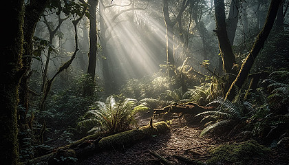 Foggy, mysterious forests with beams of sunlight piercing through the canopy.