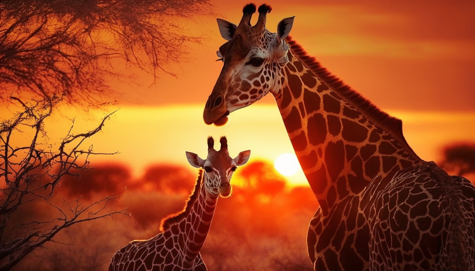 A mother giraffe and her calf with a beautiful sunset in the background