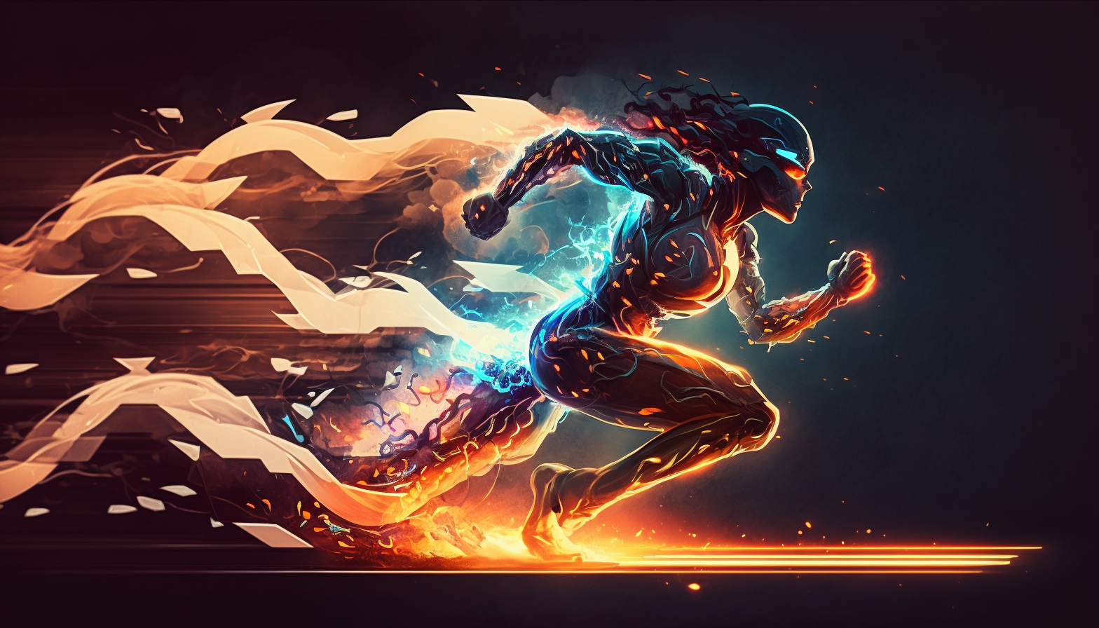 A sprinter racing down a track with a glowing aura of light surrounding them and a trail of flames behind them.