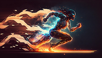 A sprinter racing down a track with a glowing aura of light surrounding them and a trail of flames behind them.