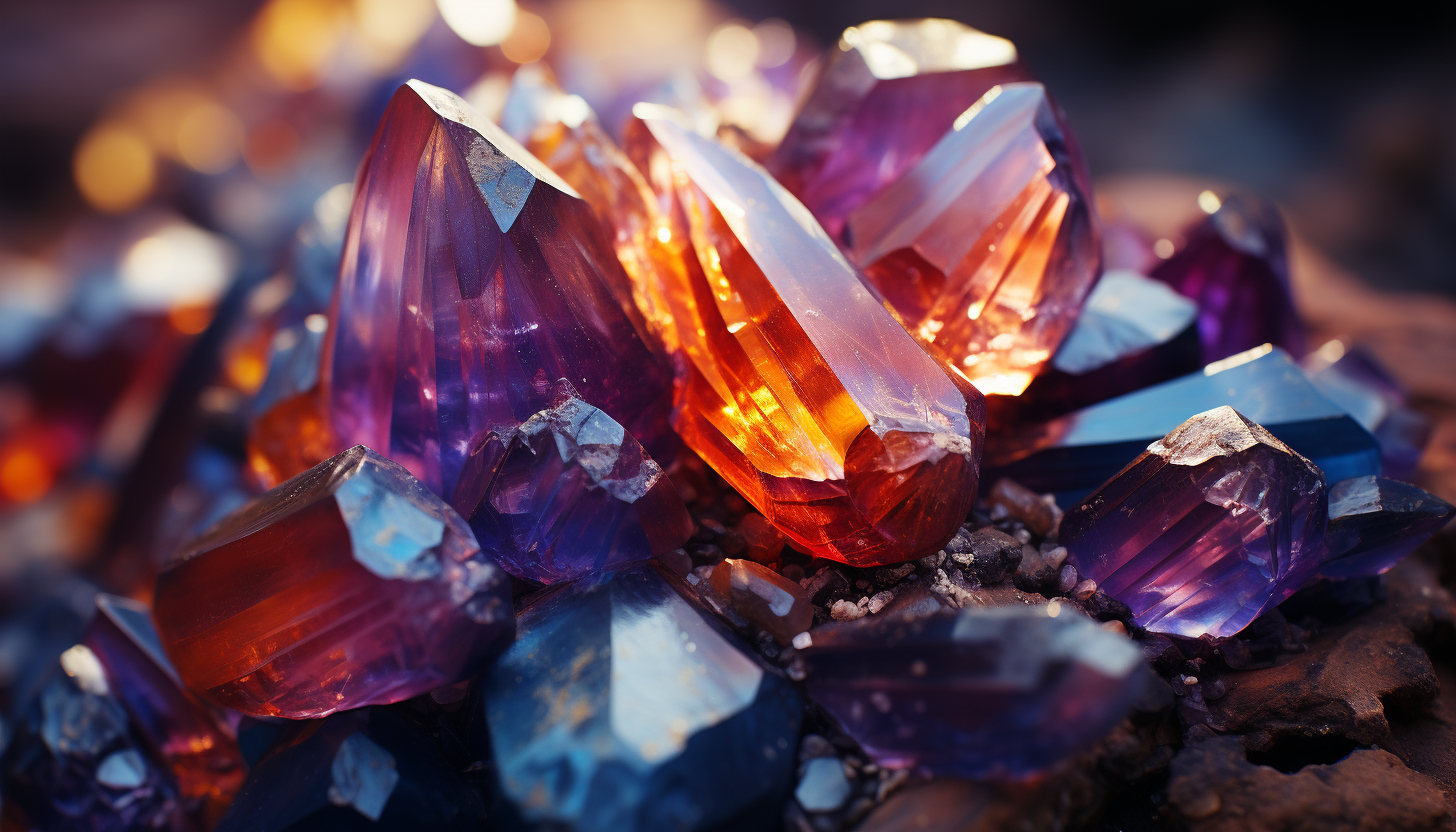 Macro shot of crystals in a geode, reflecting rainbow hues.