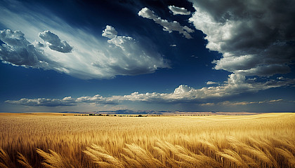 A vast, golden wheat field with a blue sky and a few scattered clouds.