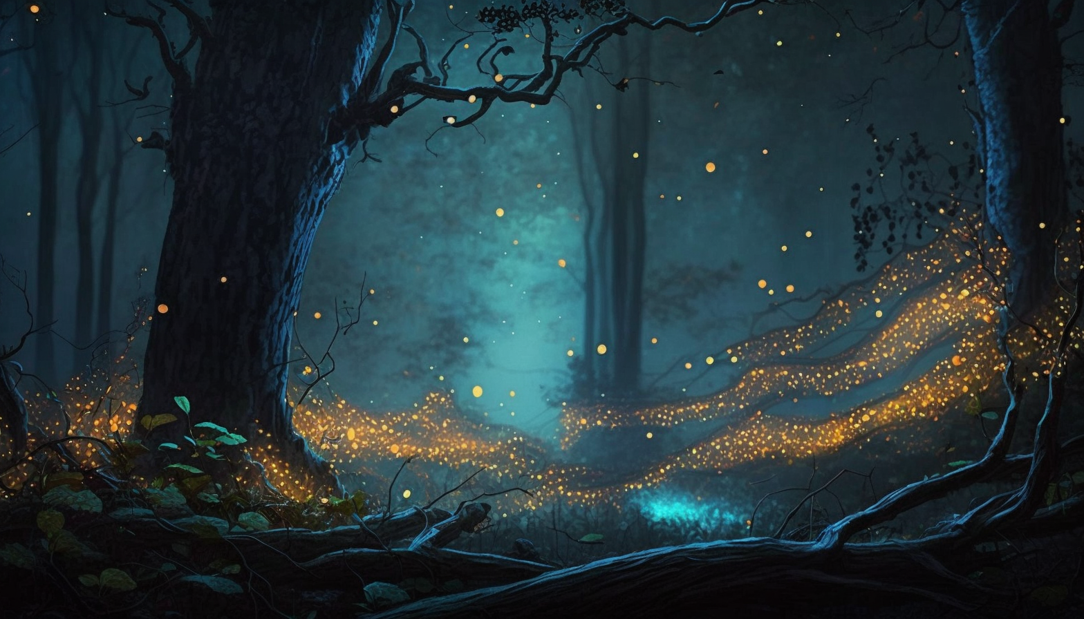 A dreamlike scene of a misty forest with glowing fireflies, highlighting the beauty of bioluminescence.