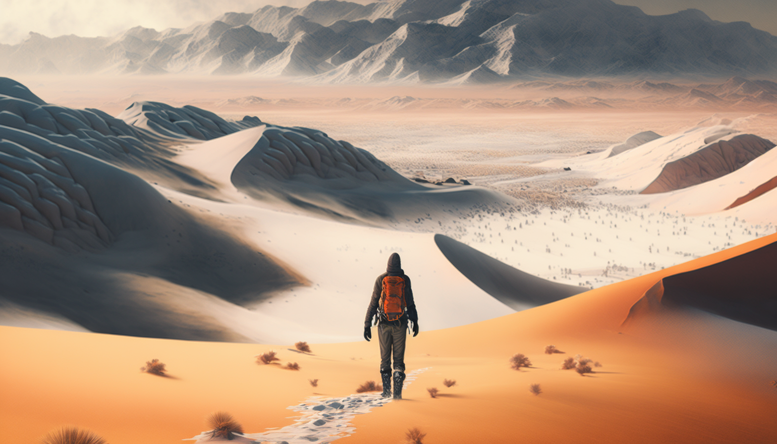 A person hiking through a snowy desert landscape