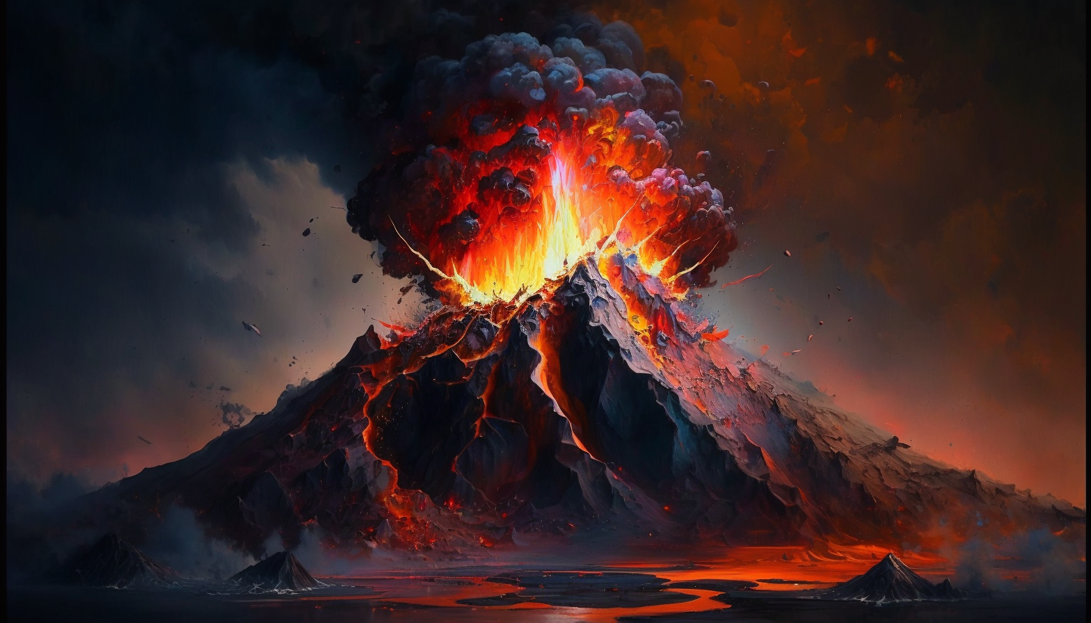 An oil painting of a volcano erupting with molten lava and smoke.