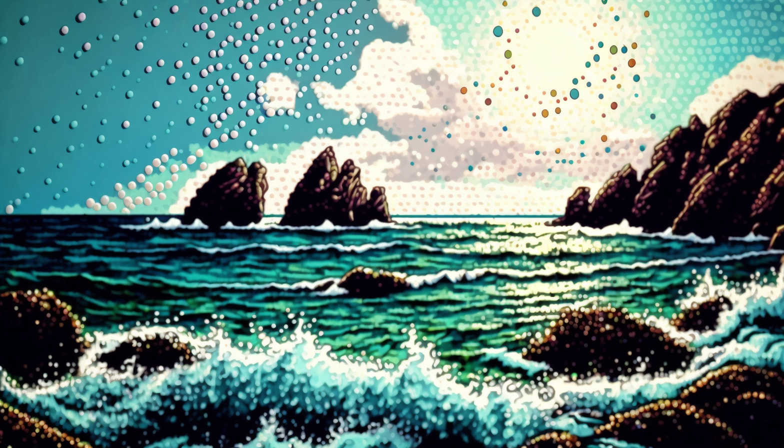 Seascape painting with Pointillism style dot patterns