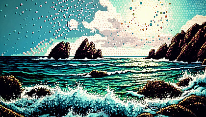 Seascape painting with Pointillism style dot patterns
