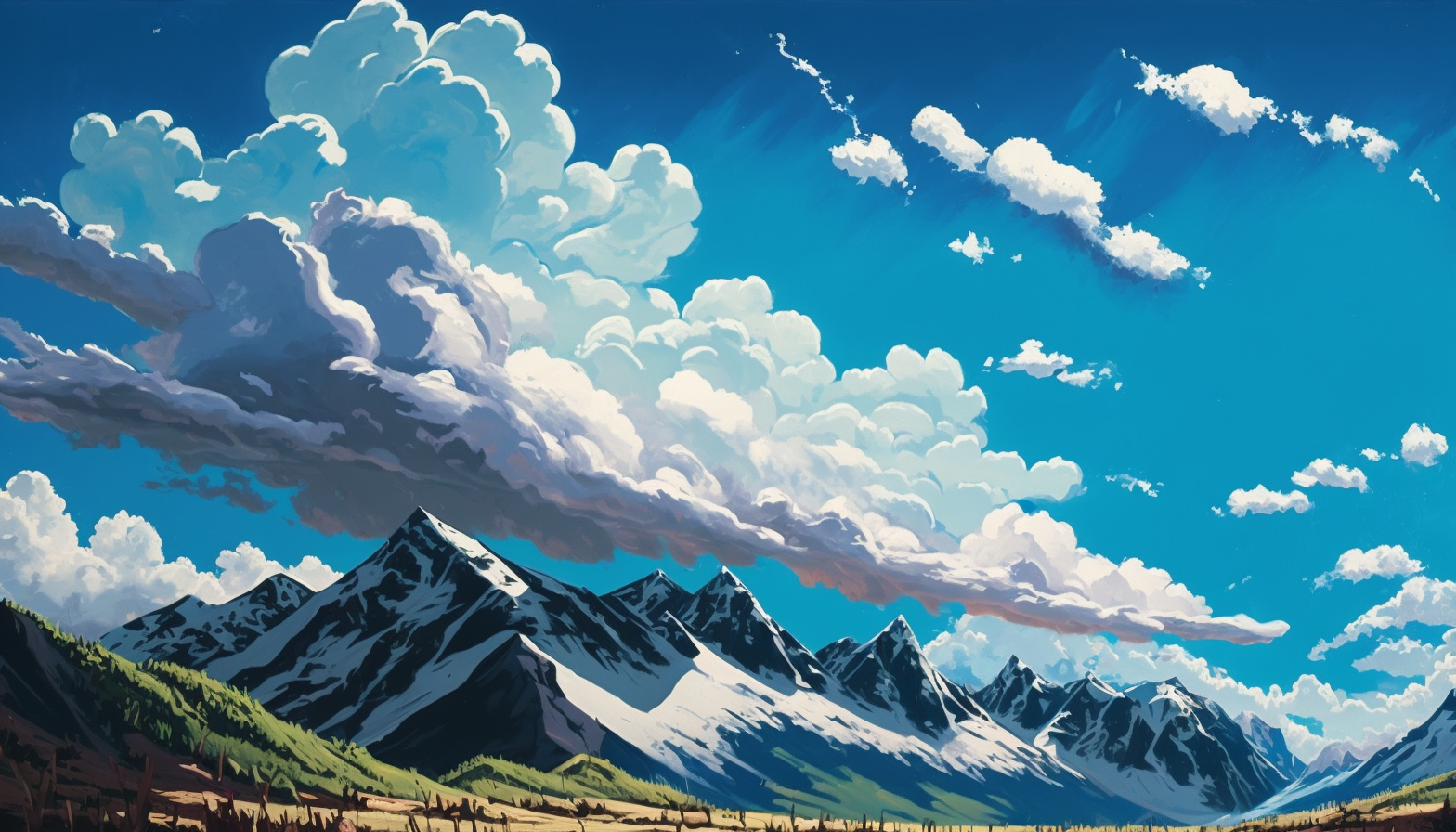 A painting of a mountain range in the summer with a bright blue sky and fluffy clouds.