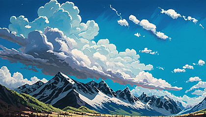 A painting of a mountain range in the summer with a bright blue sky and fluffy clouds.