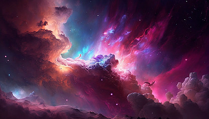 A colorful nebula with bright pink and purple clouds of gas and dust.