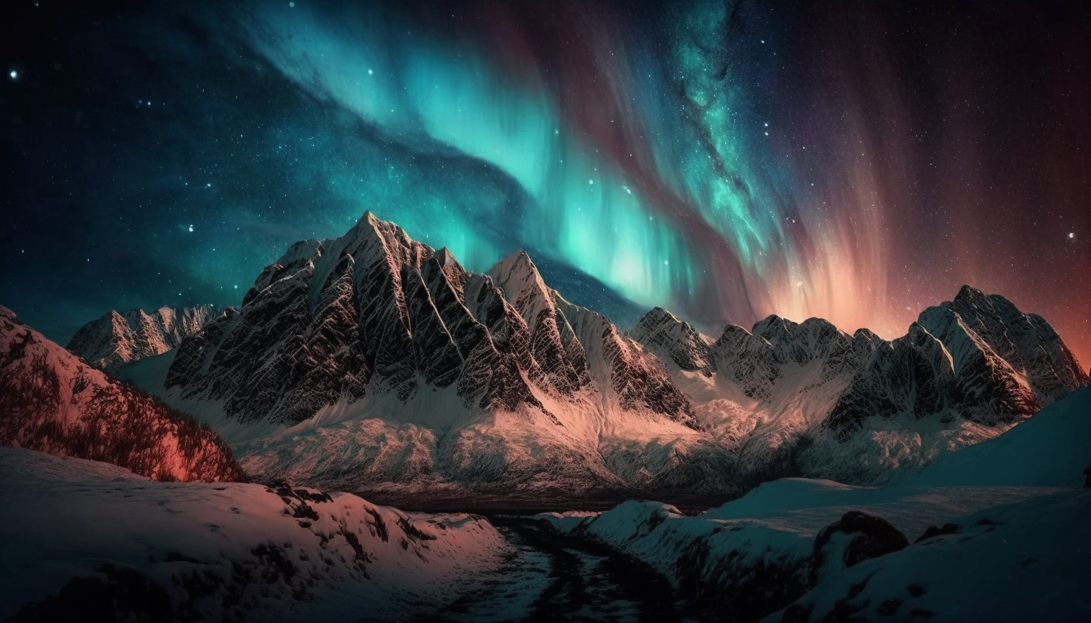 A glowing aurora borealis over a snow-covered mountain range.