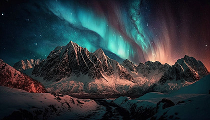 A glowing aurora borealis over a snow-covered mountain range.