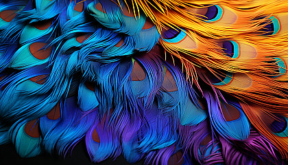 The vivid colors and patterns of a peacock feather, seen up close.