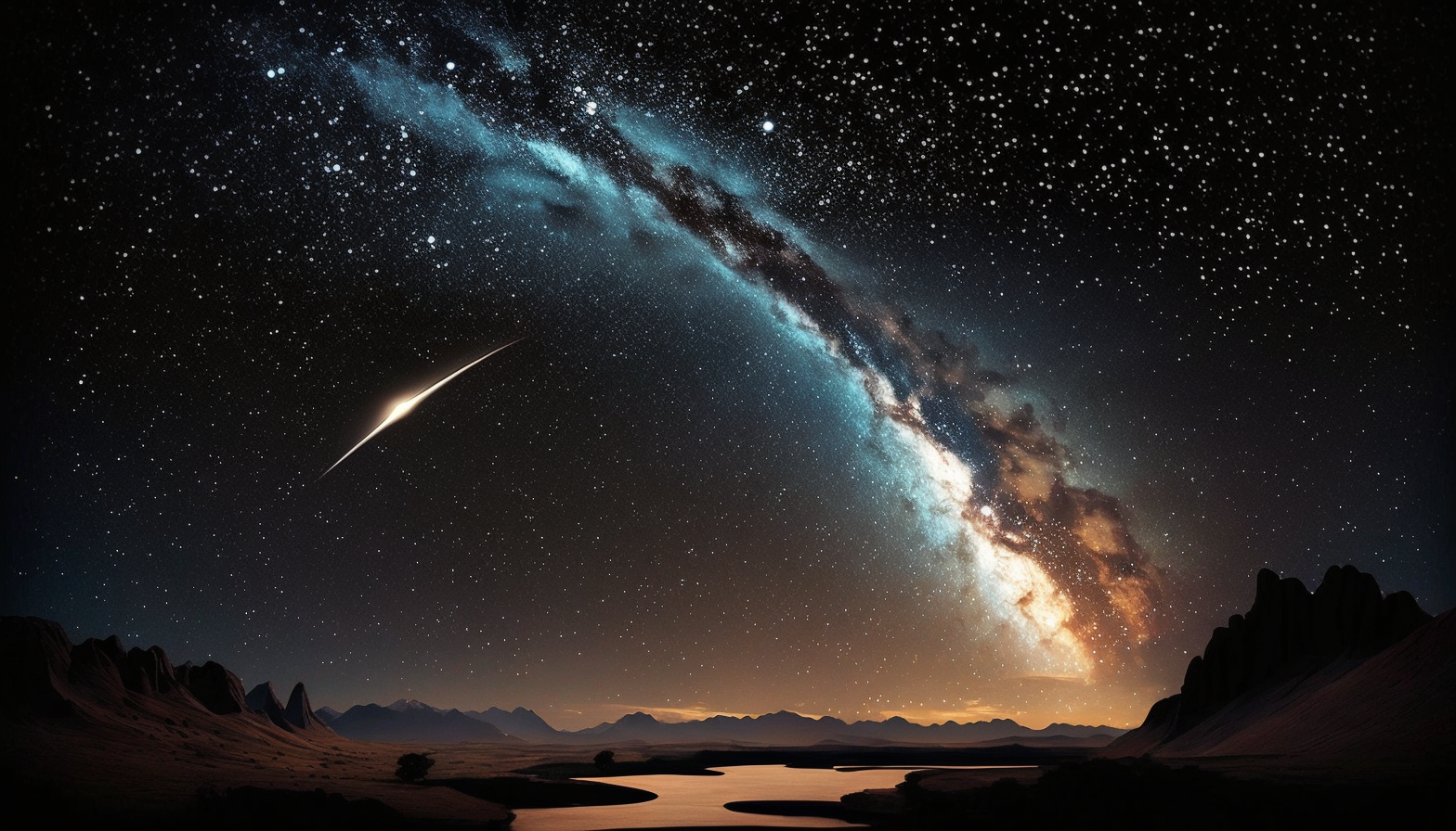 A breathtaking view of the Milky Way galaxy, with a shooting star streaking across the sky.