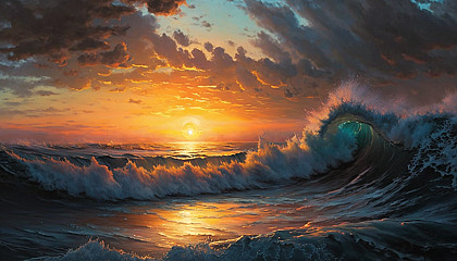 An oil painting of a brightly-lit sunset over the ocean