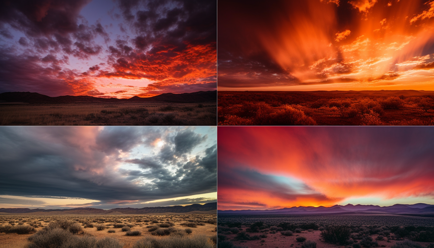 Colorful, dramatic skies during sunrises and sunsets over open landscapes.