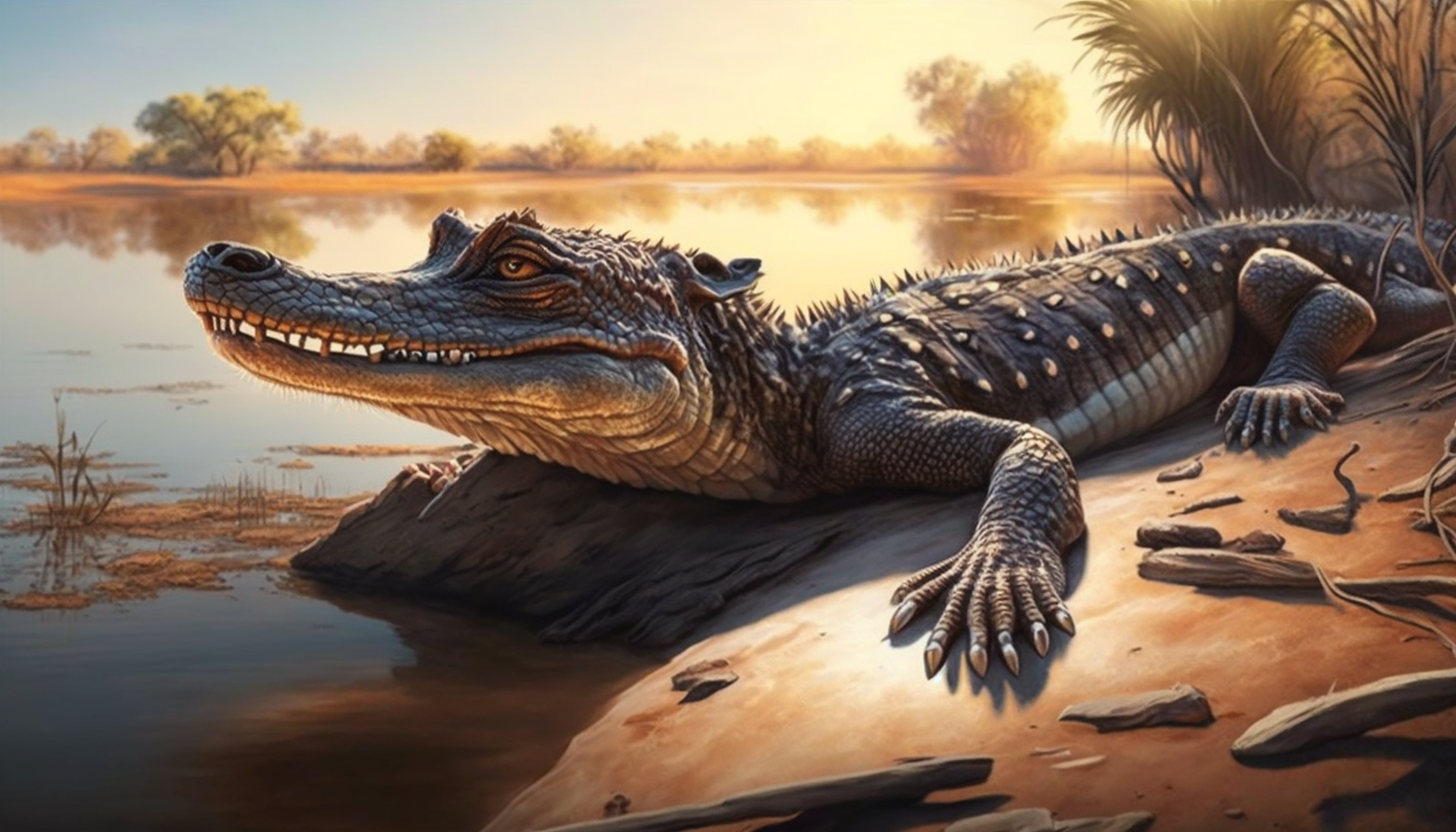 A crocodile basking in the sun on a riverbank