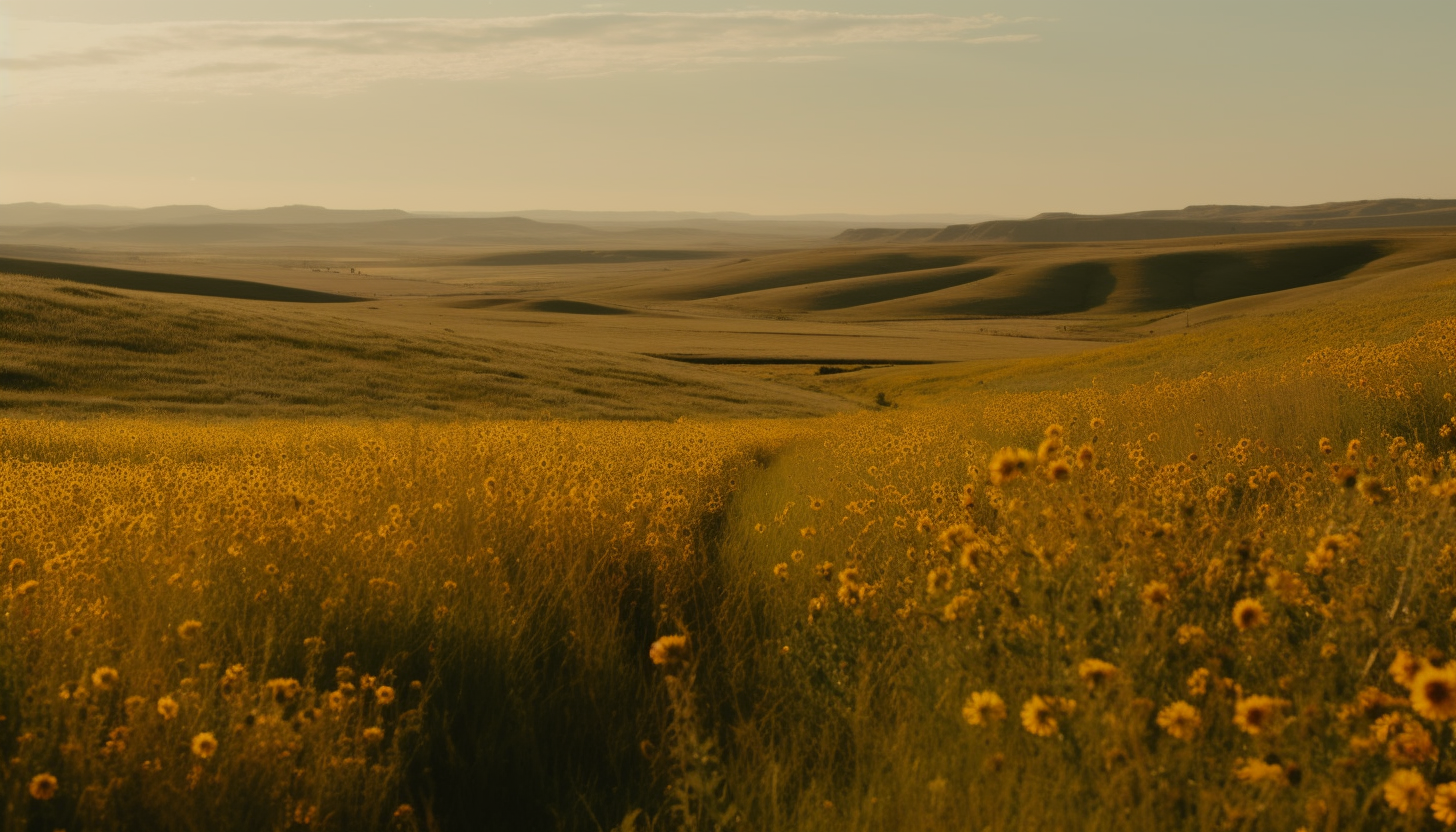 Gentle rolling hills blanketed in wildflowers or golden fields of grain.