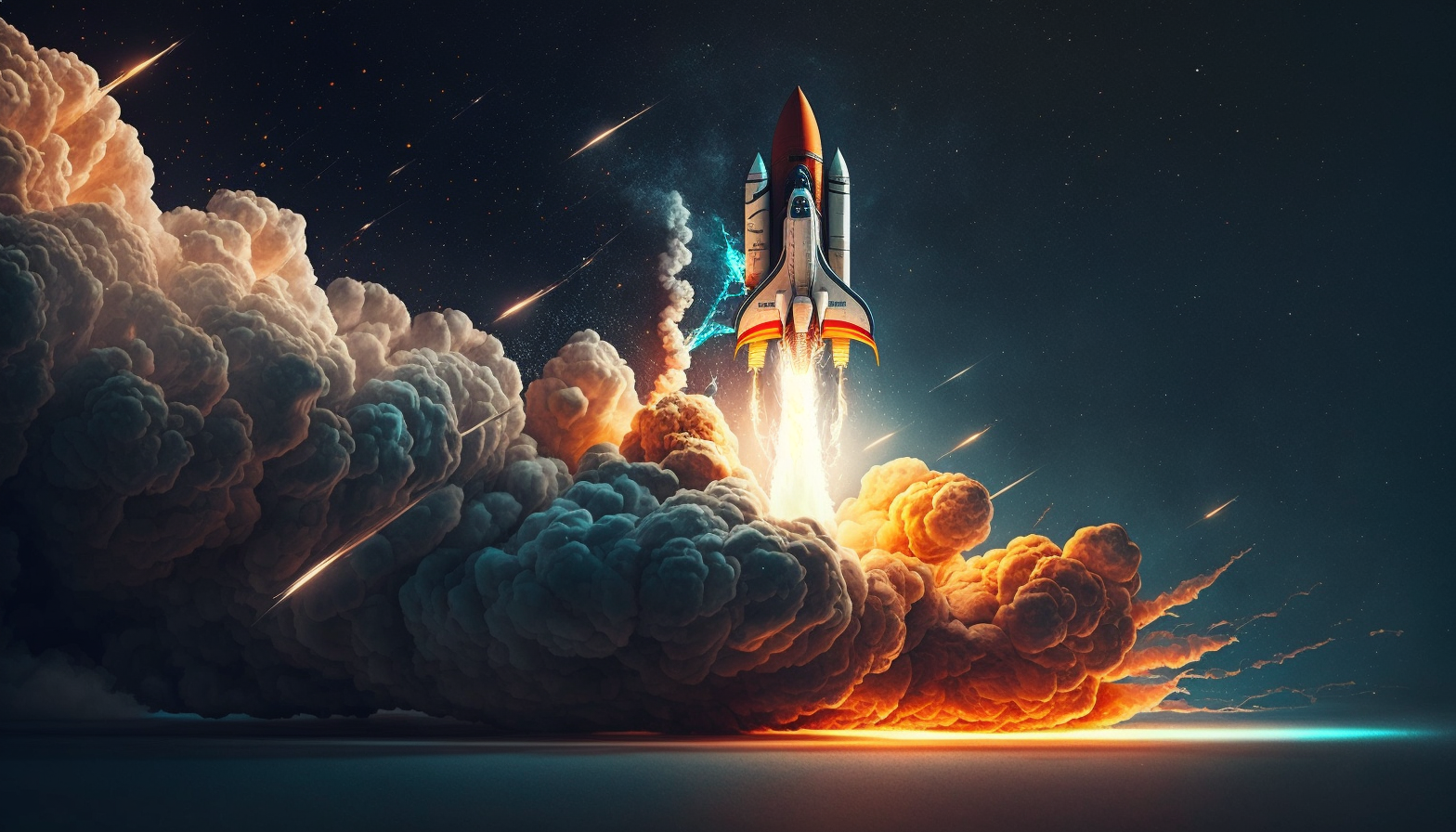 A rocket blasting off into space with a trail of flames and smoke behind it.