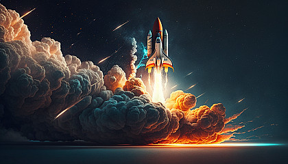 A rocket blasting off into space with a trail of flames and smoke behind it.