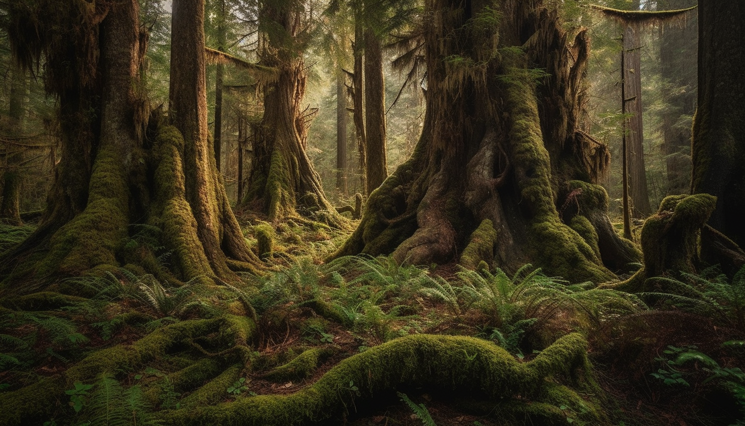 Ancient, gnarled trees standing tall in a tranquil forest.