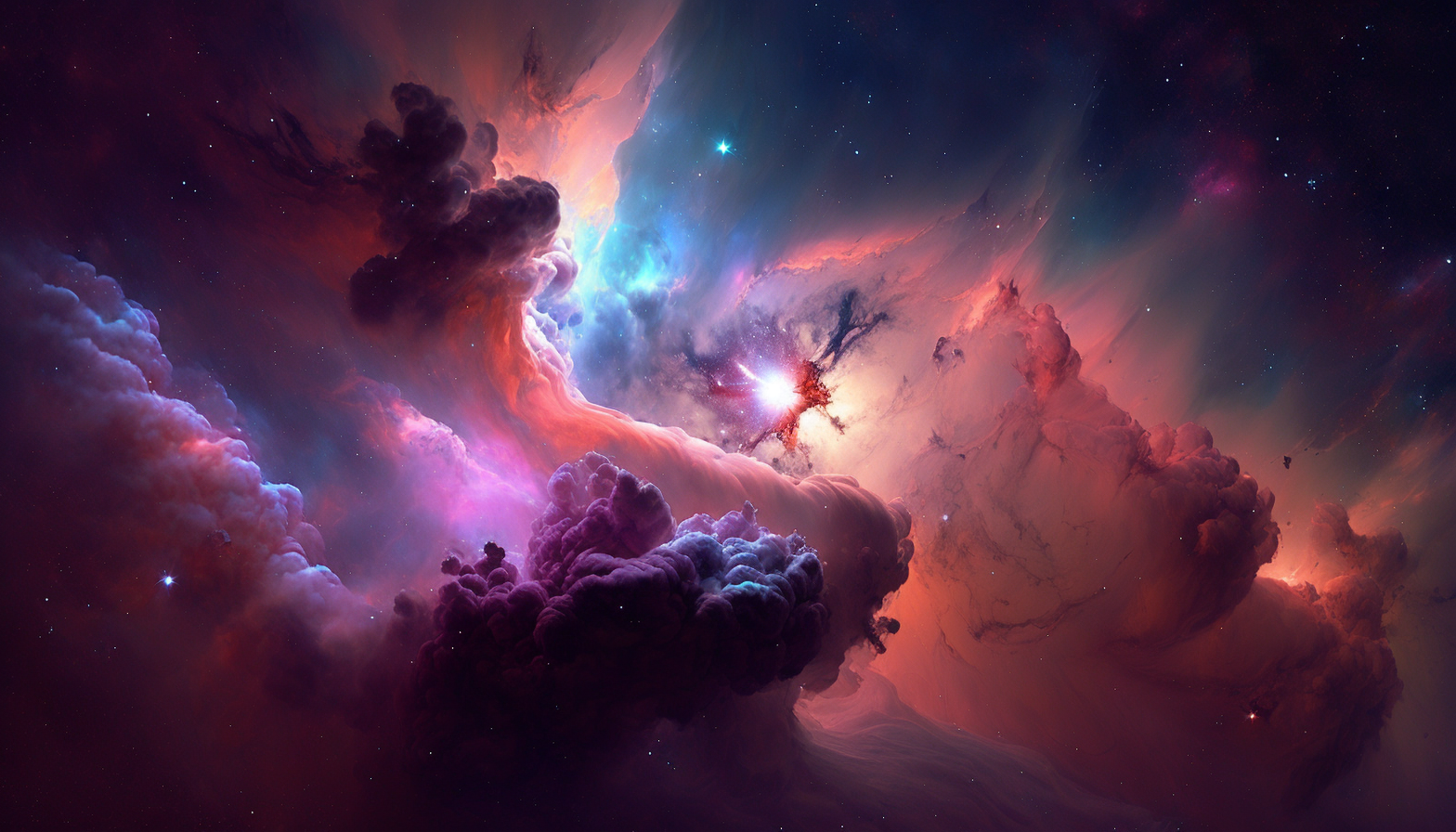 A colorful nebula with bright pink and purple clouds of gas and dust.