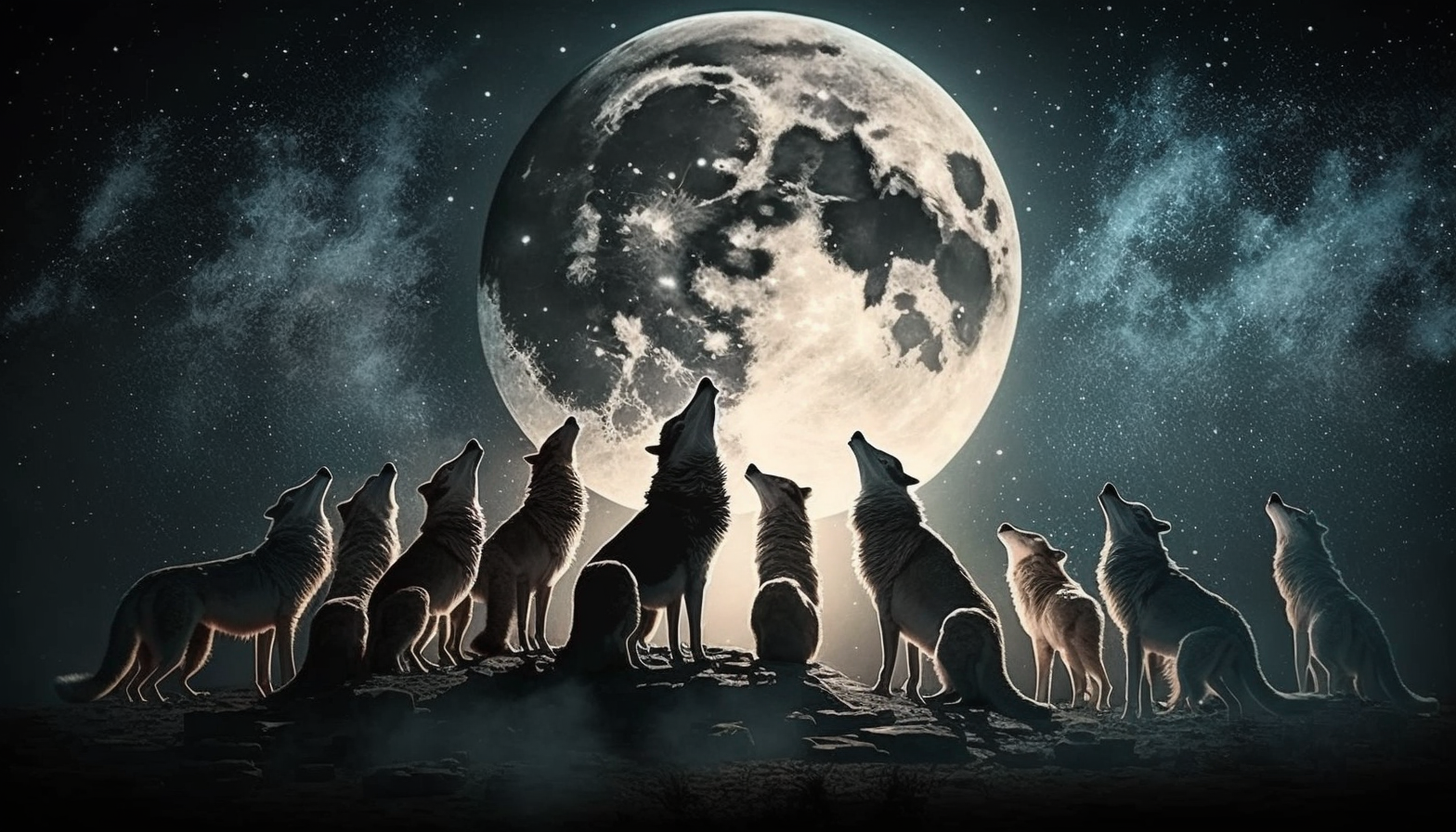 A pack of wolves howling at the moon