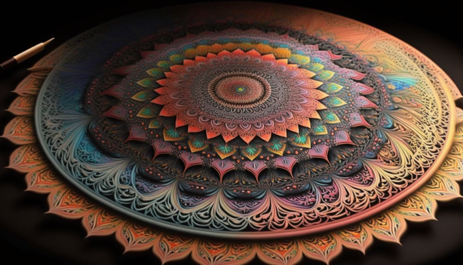 An intricate mandala drawing in a rainbow of hues