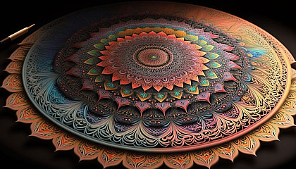 An intricate mandala drawing in a rainbow of hues