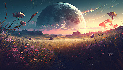 A peaceful meadow with wildflowers and a distant planet rising.