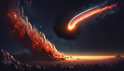 A comet streaking through space with a fiery tail.