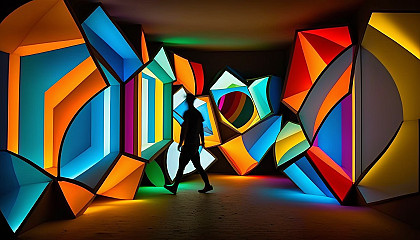 An art installation featuring bright, multicolored lights or projections.