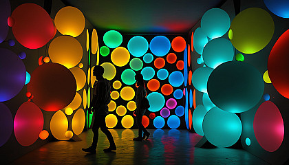 An art installation featuring bright, multicolored lights or projections.